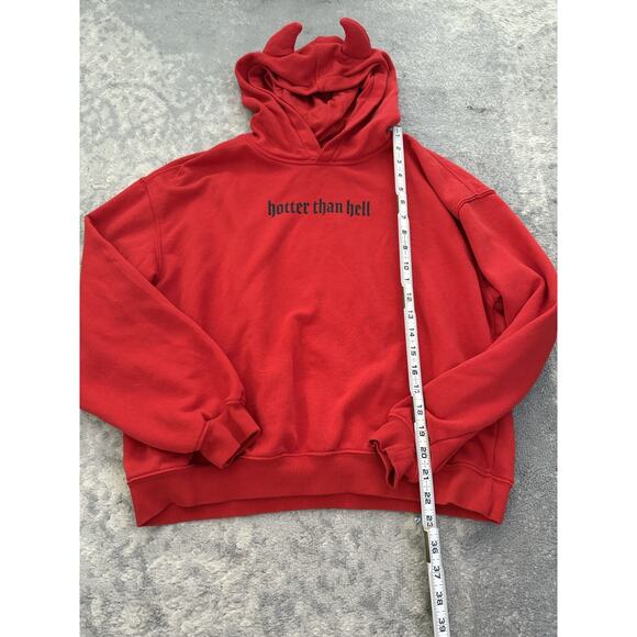 Red Devil Horn Hoodie Hotter Than Hell Pullover Men’s Size Medium Unisex - Picture 6 of 9